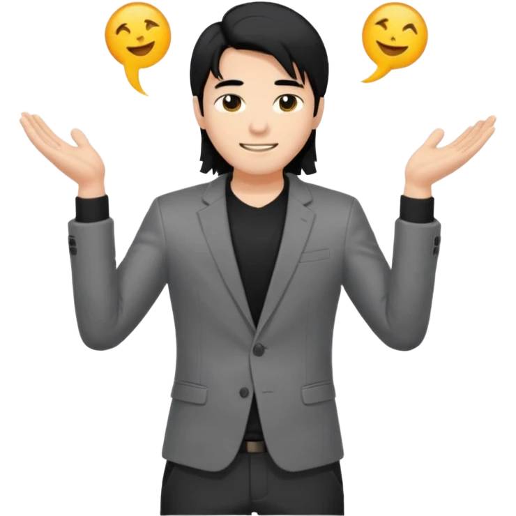 asian young man with long black hair falling on the forehead in grey blazer and black t-shirt smiling  emoji