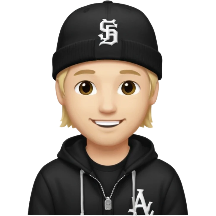 rapper da trắng, tóc vàng, full đen, có mũ len hãng MLB, đẹp trai
 emoji