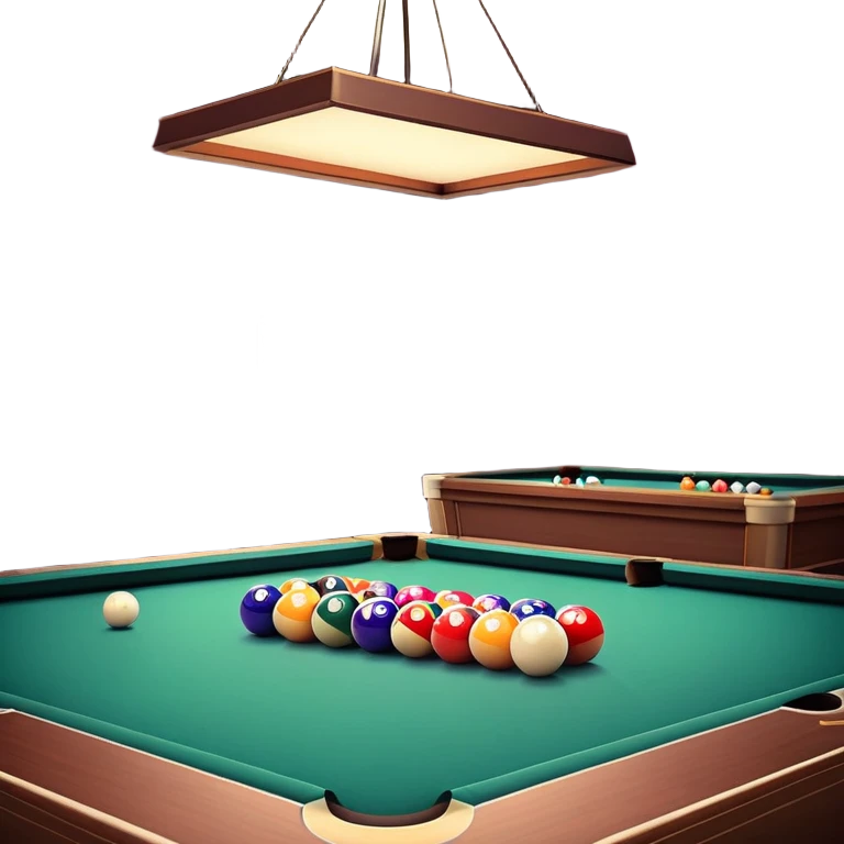 A well-arranged pool table with colorful billiard balls neatly placed, and a cue stick poised to take a shot. The setting is a dimly lit room with a focused atmosphere, highlighting the precision and strategy involved in the game of billiards. emoji