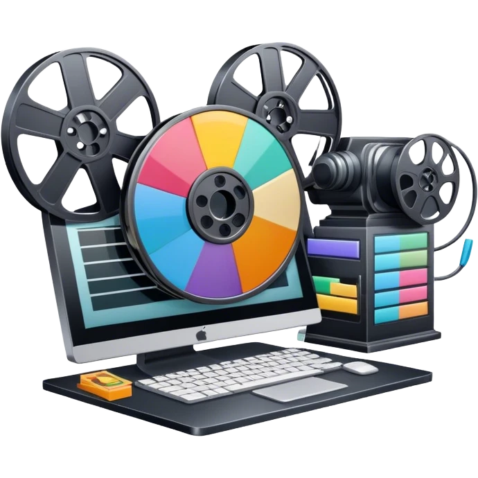 Create a vibrant and modern icon representing Animation and Motion Design, featuring elements like a film reel, a computer screen, dynamic motion lines, and a cinematographic film strip on an editing table. The design should be colorful, and dynamic, without any emojis. The background's transparent. emoji