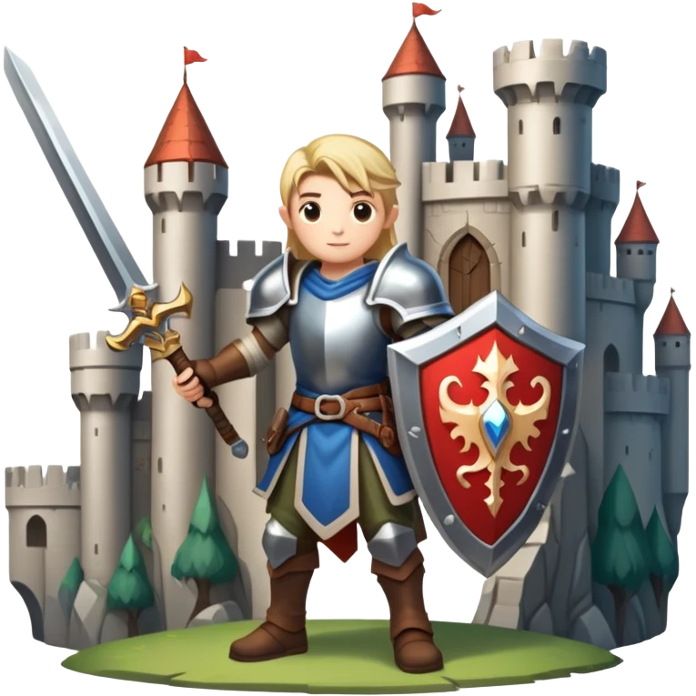 An icon symbolizing a RPG game, featuring a character holding a sword and shield, standing in front of a fantasy world with castles, dungeons and mythical creatures. The design emphasizes exploration, quests with elements like health bars and inventory icons. Transparent background emoji