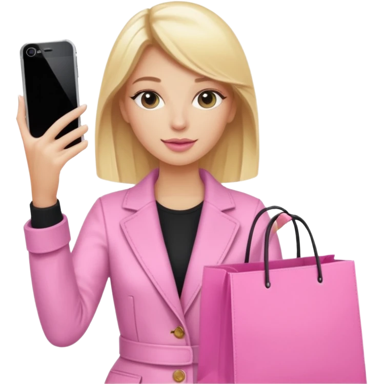 Blond influencer taking selfie with an iphone with one hand and a pink shopping bag next to her  emoji