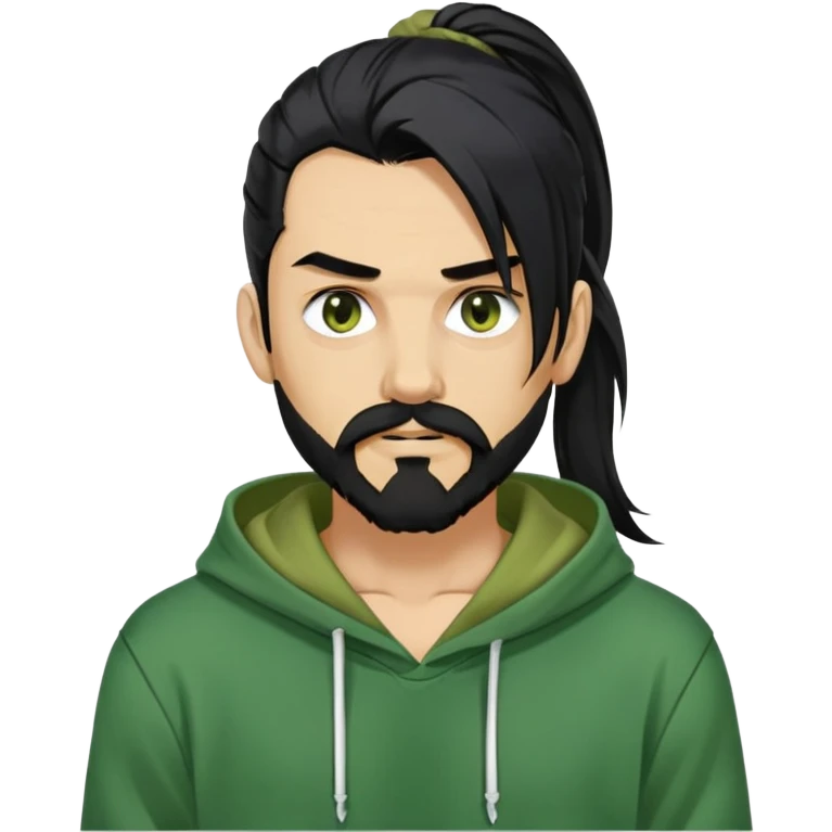 guy with long black hair, pony tail style, golden eyes, black moustache, black long beard with some white hairs, ripped green hoodie emoji