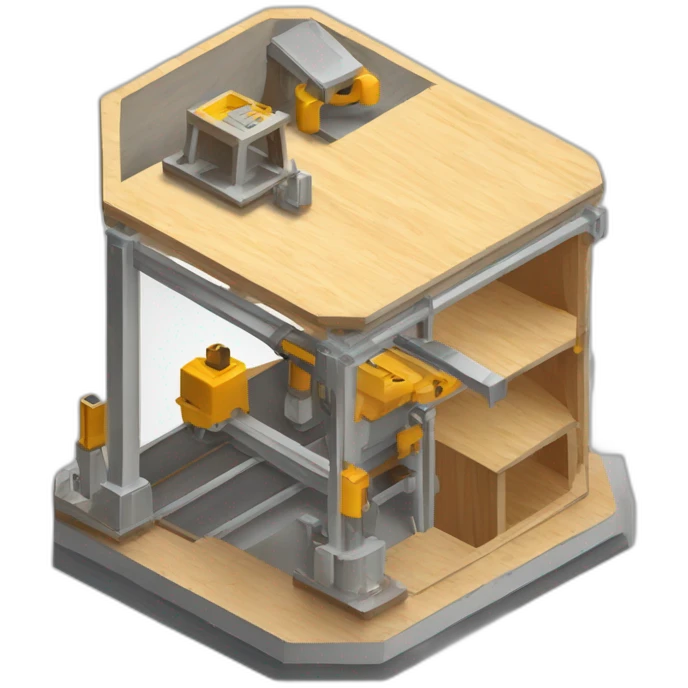 isometric hexagon transparent solid borders containing indoor creative factory woodshop metalshop people active working cnc machine tools simple clean industrial makerspace concrete #edc31b  emoji