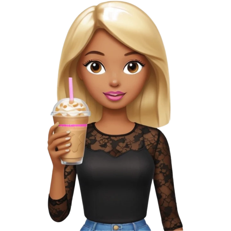 brown skin blonde barbie wearing black lace shirt with iced latte emoji