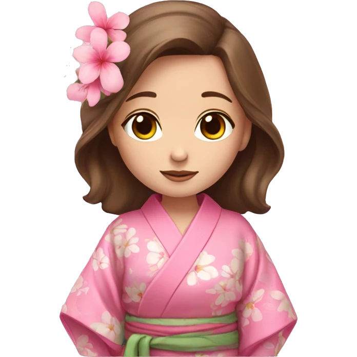 cute girl with blue eyes and brown hair in pink flower kimono emoji