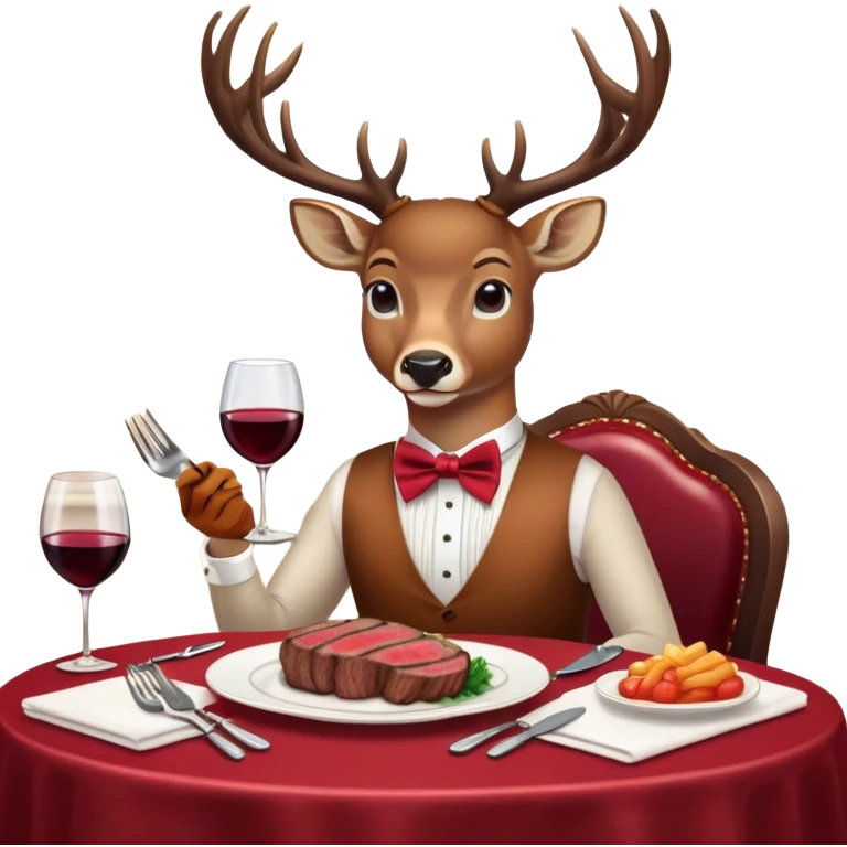 A deer wearing a fancy bowtie, sitting at a restaurant table, eating a steak with a fork and knife, surrounded by elegant decor, soft lighting, and a glass of wine on the table. emoji