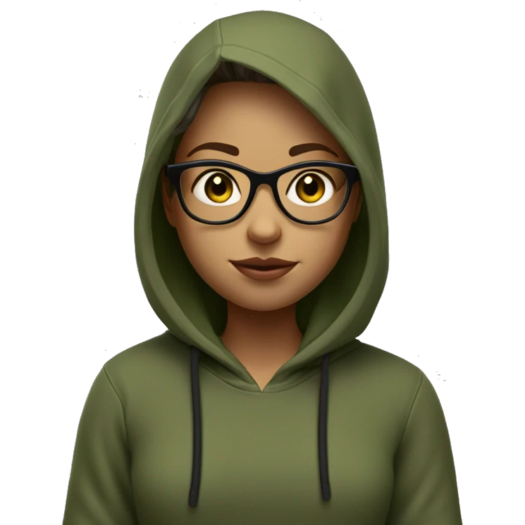 Make 3D illustration  is a girl Shoulder length hair and eye glasses of an animated character sitting turn one's head straight face and black eyes but eye glasses square is olive green and wearing black hoodie but not use hoodie to head emoji
