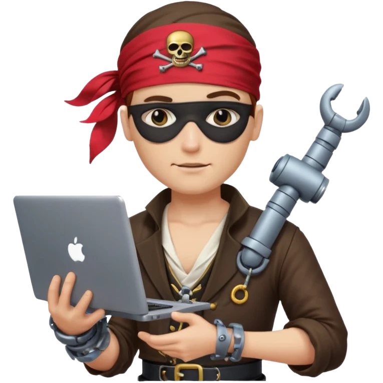 pirate with a robotic arm, holding a laptop, wearing a bandana and eye patch, digital era pirate emoji