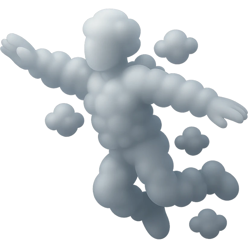 a person flying in the air, entirely made of small fluffy white clouds, matte glass style, no background, no shadows, no extra details emoji