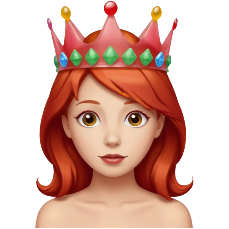 red hair woman wearing an edible candy gummy crown emoji