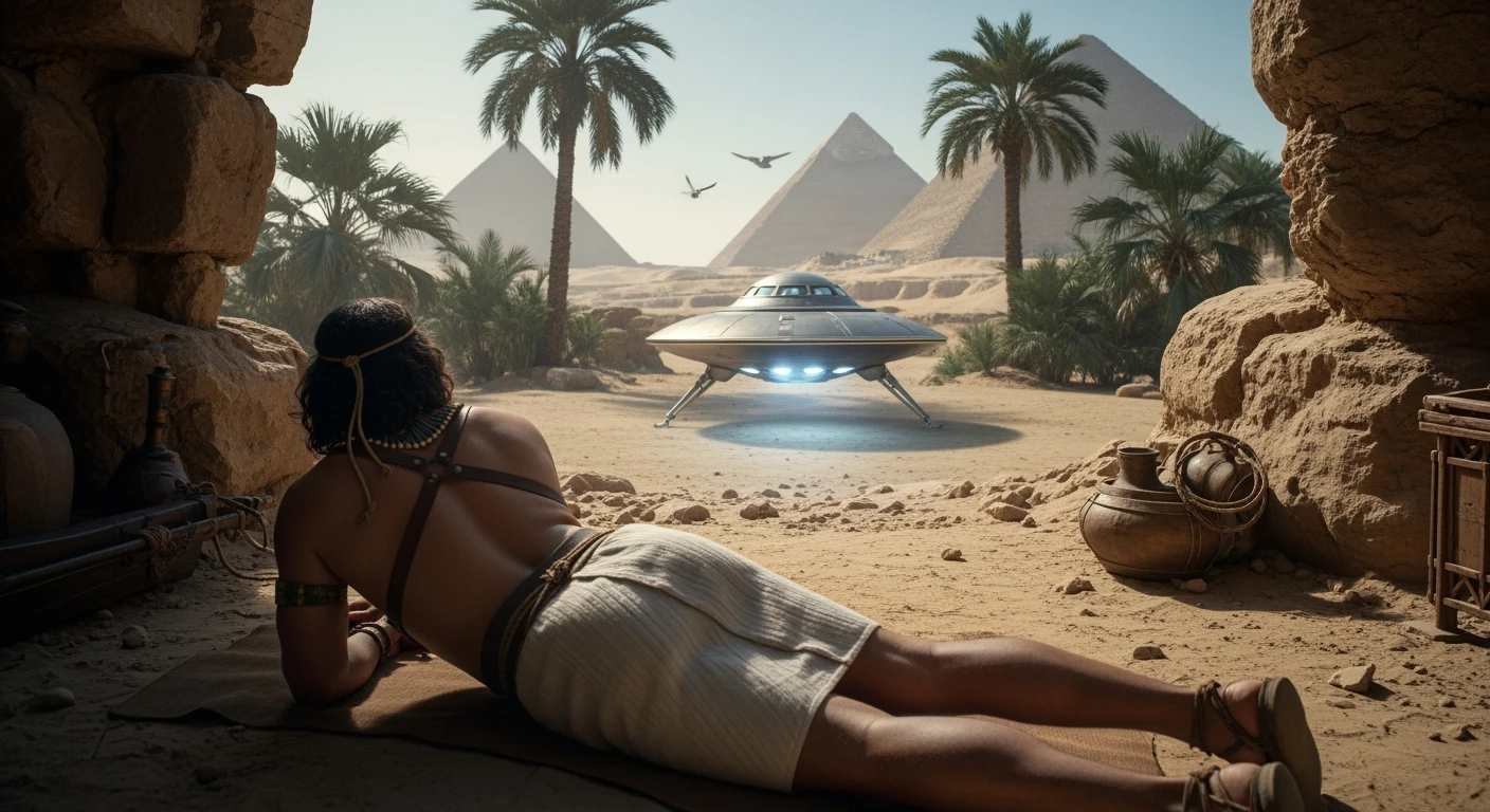 cinematic still, documentary photography, acient egypt, back shot of a man dress in ancient clothes in cave on ground laying front of small ufo starship, palms, dynamic scane, leading lines, captured by arri alexa, depth layers, piramids in babckground emoji