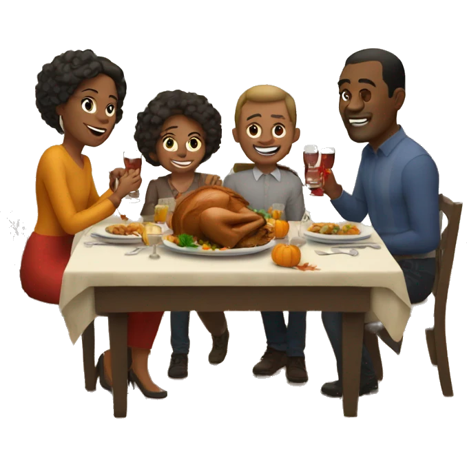 Family sitting at Thanksgiving table with plenty of drinks emoji