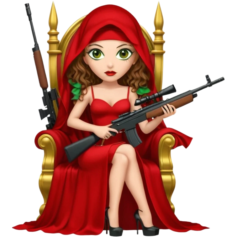 Drug dealer female green eyes symbol.  hair is brown curly long hair. sexy long with long red and black dress and face veion that covers her mouth only. black stiletto platform high heels shoes on. Holding sniper rifle sitting on a gold throne. emoji