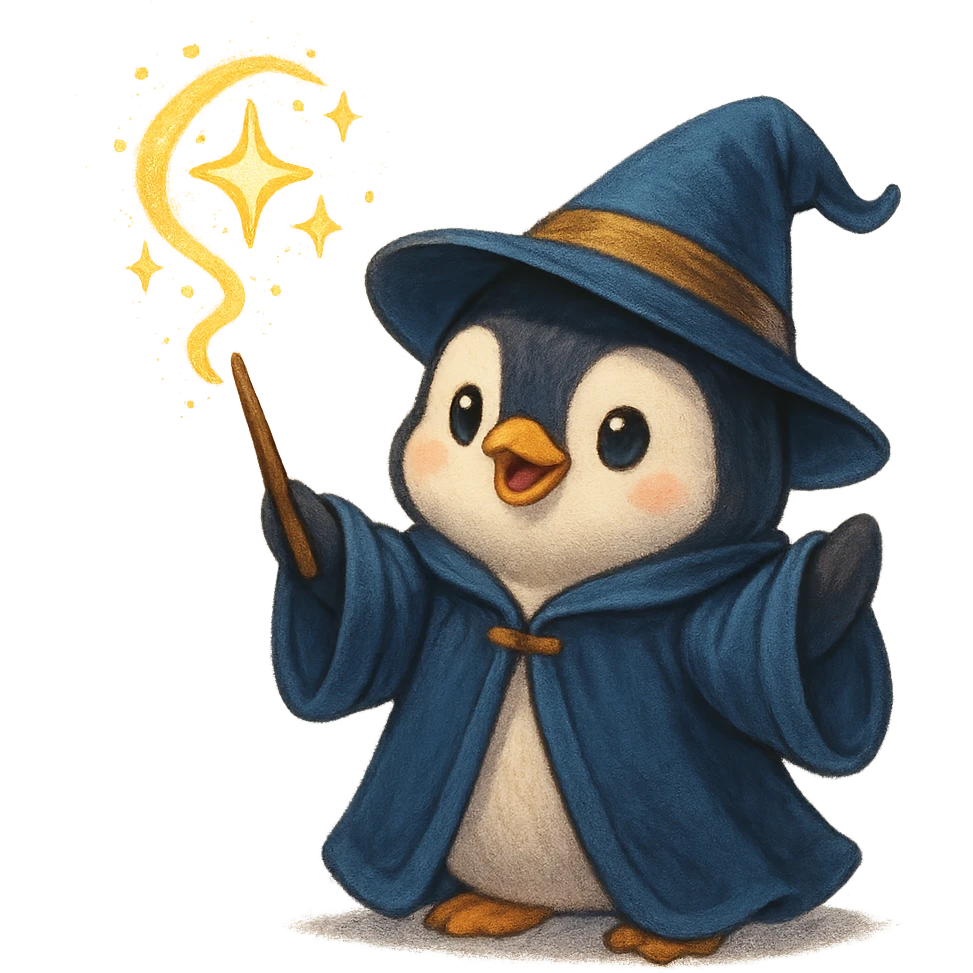 a cute penguin wizard casting a spell, wearing a robe and hat, magical, charming character illustration emoji