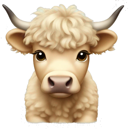 Beige fluffy baby scottish cow with a small bow on head emoji
