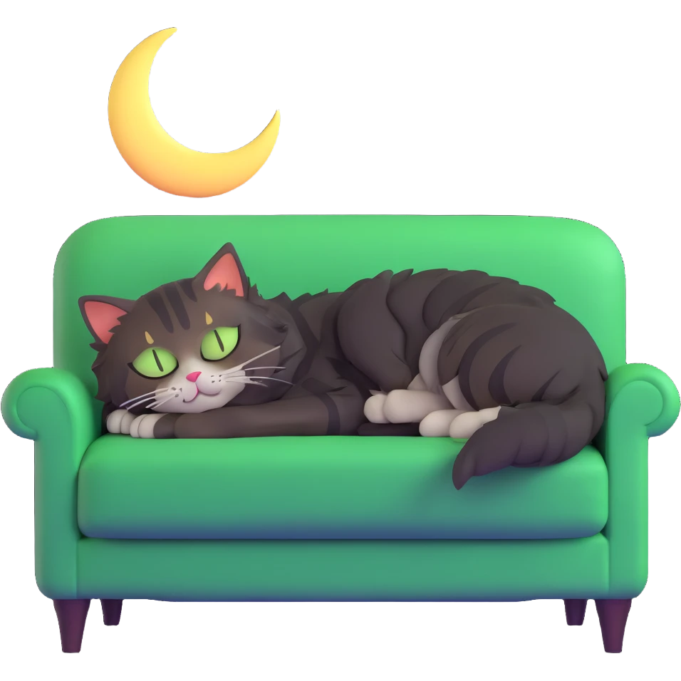 tricolor fluffy cat with big green eyes sleeping on a sofa with a moon above her emoji