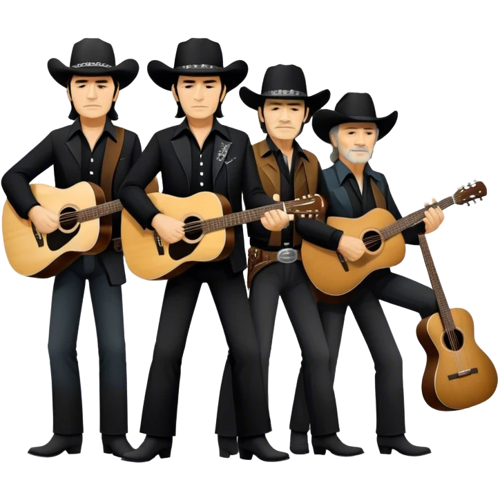 Icon for Country Music: The Highwaymen group, featuring silhouettes of Johnny Cash, Willie Nelson, Waylon Jennings, and Kris Kristofferson with guitars and cowboy hats. A subtle western backdrop with music notes reflects the spirit of classic country. Transparent background. emoji