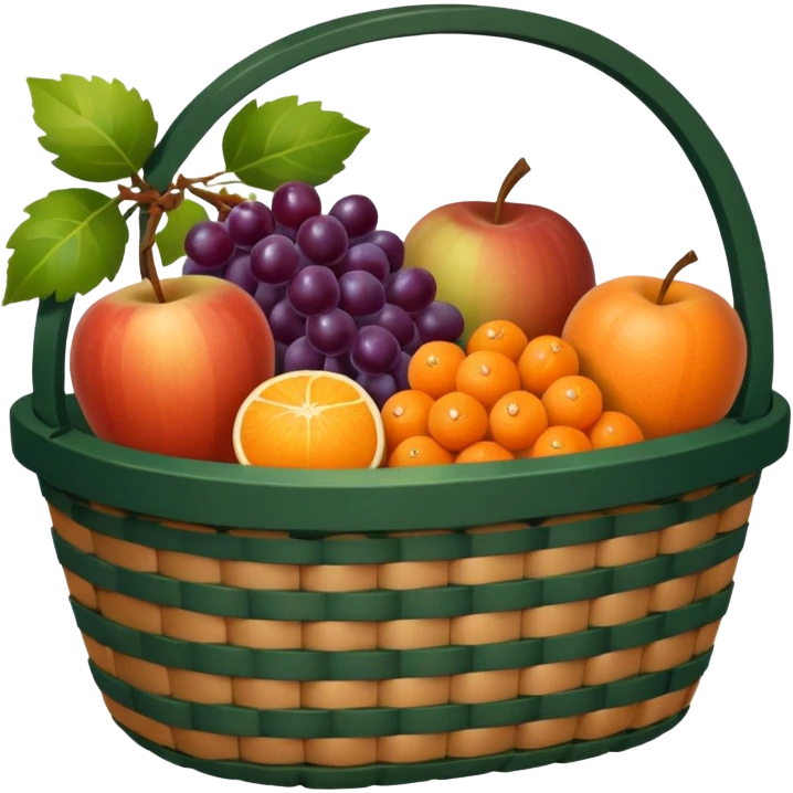 Dark green, plaid basket with both food, drink and fruits emoji