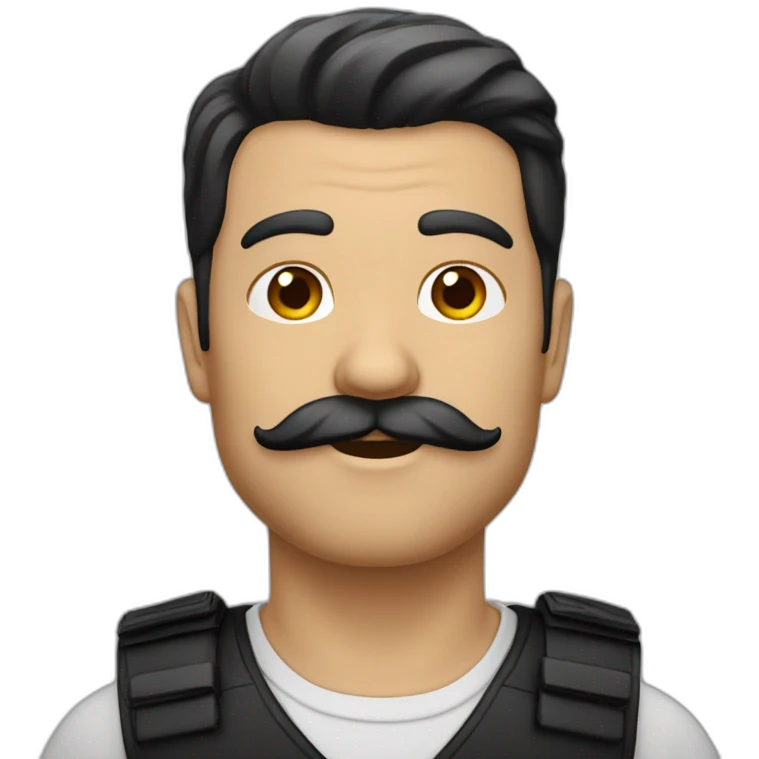 Un homme blanc cheveu noir et moustache noir et cheveux noir plaqué emoji