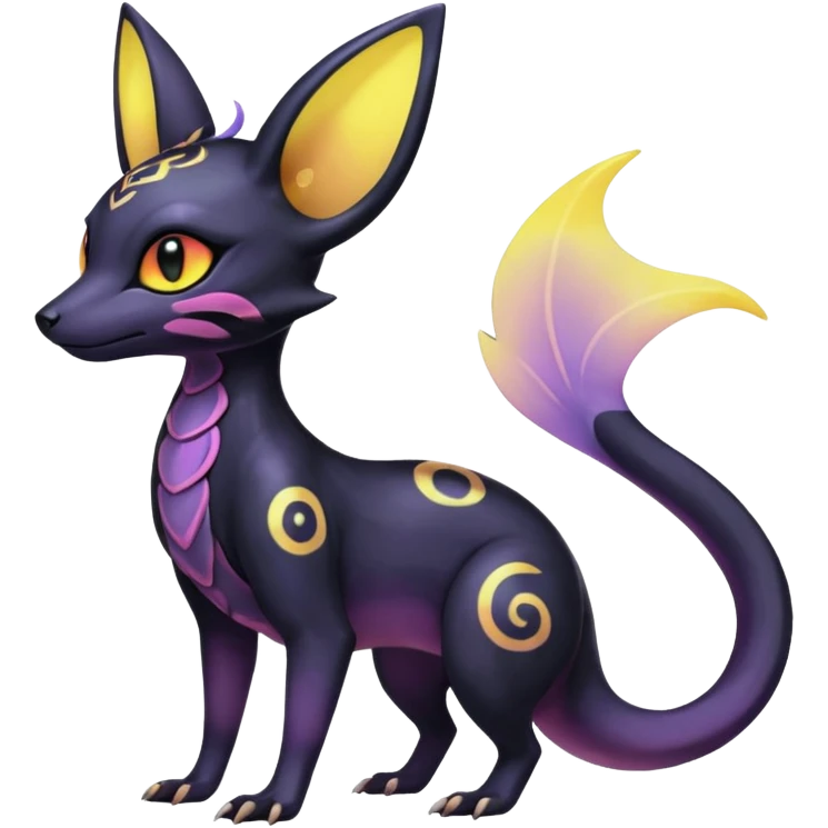 Rare epic aesthetic iridescent spooky gloomy colorful Salandit-Umbreon-Espeon-Genet-species-Fakemon-hybrid-creature, with markings, full body emoji