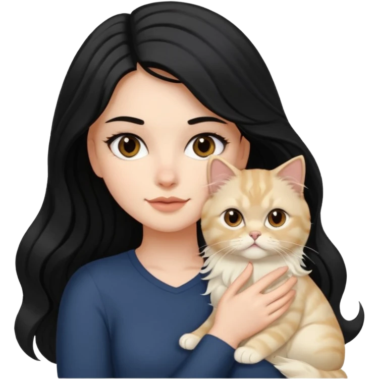 A white girl with brown eyes and black hair long downward wave is holding her blonde persian cat emoji
