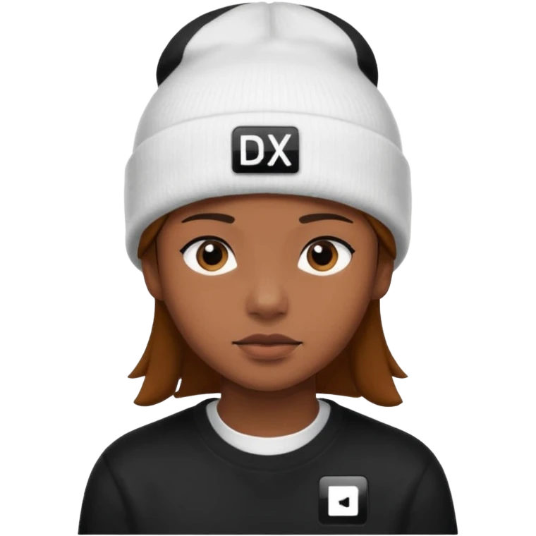 wearing a white beanie with an black square logo with the word "DX" written on it.

 emoji