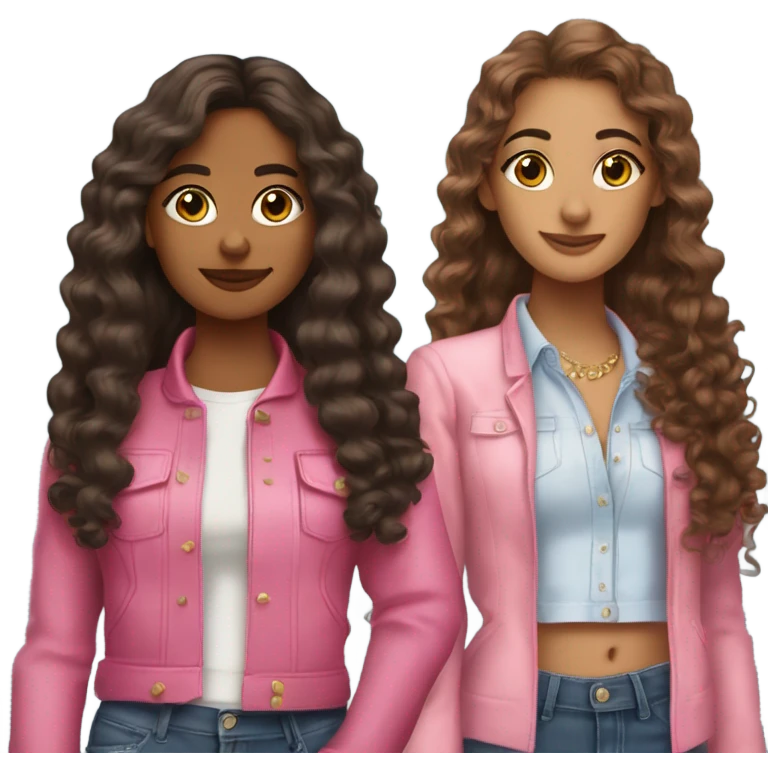 two Latina best friends wearing pink. Long hair. One curly hair and one straight hair. Boujie classy outfits emoji
