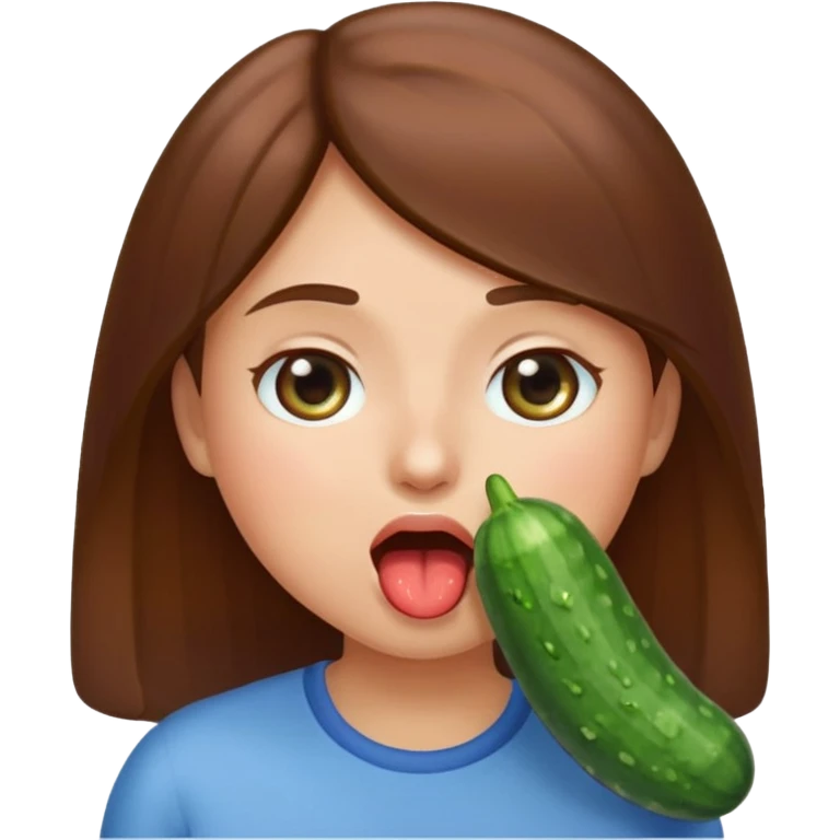 I want a girl emoji, blushing, brown hair blue eye, drooling a bit because she has a full cucumber in her mouth. I want her to chock a bit on it but still enjoying. The cucumber is her mouth, she is sucking it. And she drools emoji
