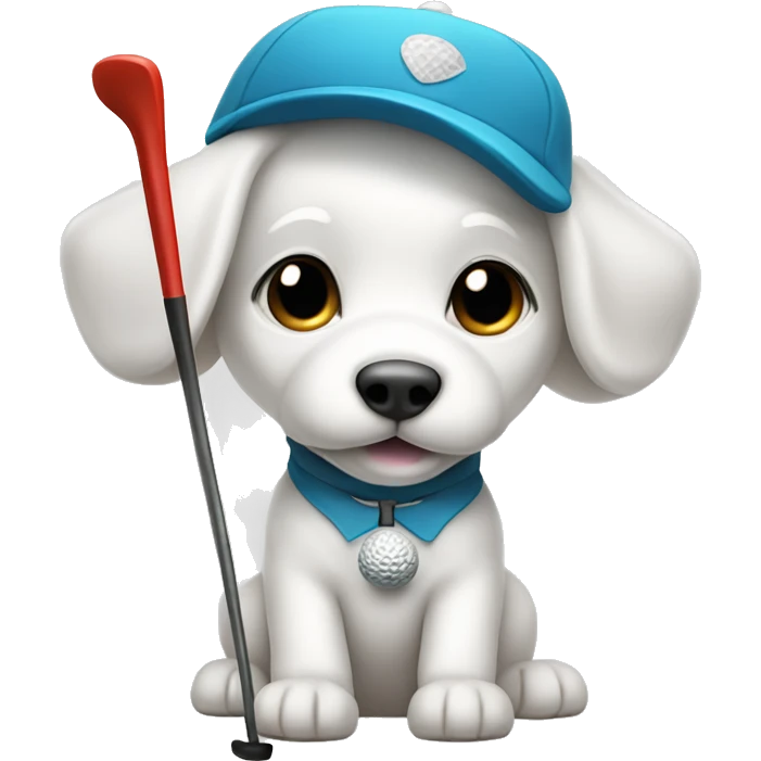 White bolognese puppy swinging a golf club and wearing golf attire emoji