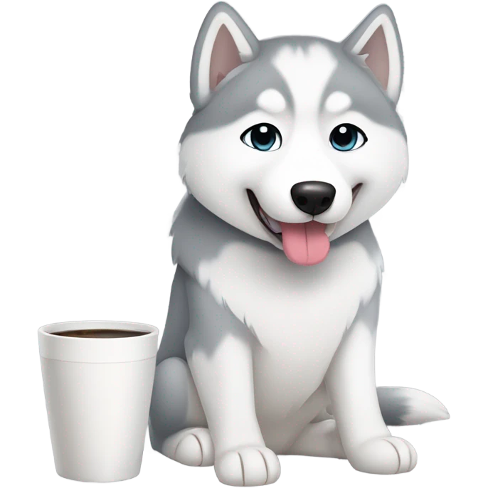 kawaii white and grey siberian husky taking coffee emoji