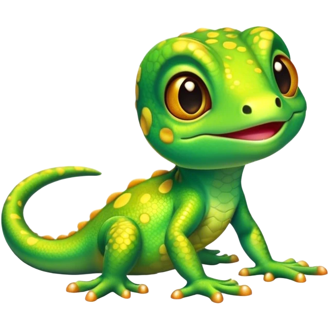 Cinematic Cute Gecko Portrait Emoji, Head tilted playfully and inquisitively, featuring a small, charming body with smooth, vividly patterned scales, bright, sparkling eyes and delicate, sticky toe pads, Simplified yet irresistibly adorable features, highly detailed, glowing with a warm, inviting glow, high shine, affectionate and lively, stylized with a touch of tropical whimsy, soft glowing outline, capturing the essence of a mischievous yet loving gecko that appears ready to dart out of the screen into your heart! emoji