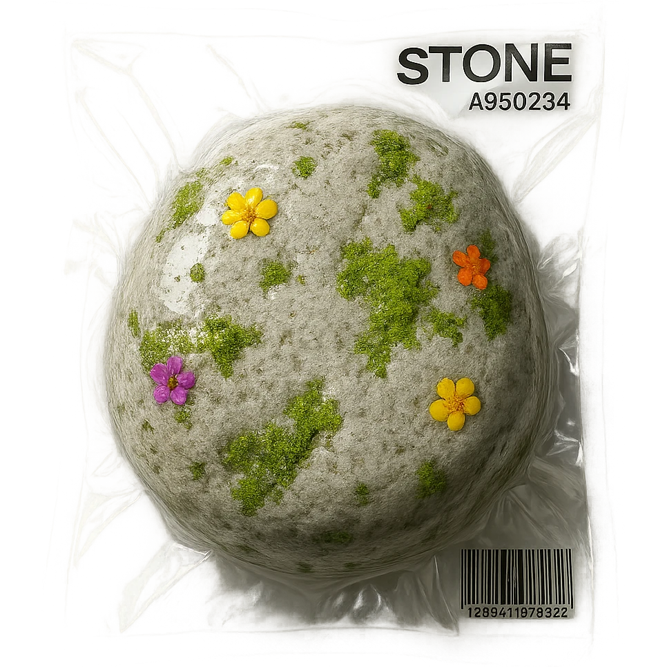 large light gray stone with scattered small colorful flowers and patches of green moss, glossy and puffy emoji