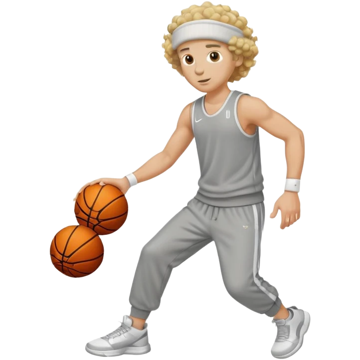 a white man with curly blonde hair playing basketball in sweatpants while also wearing a beanie emoji