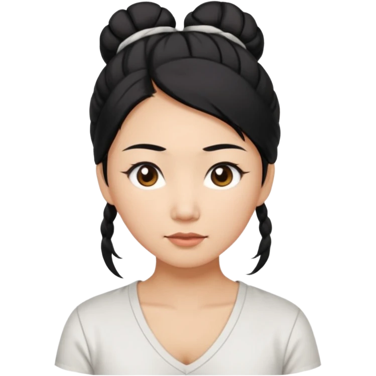 asian mom with long black hair tied in up in a messy bun and big brown eyes emoji in a white v neck shirt emoji