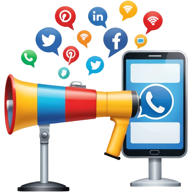 An icon featuring a megaphone, a press release, and a social media icon, symbolizing advertising and public relations. The design includes a billboard and communication network lines, representing brand promotion and media outreach. Transparent background highlights the power of communication. emoji