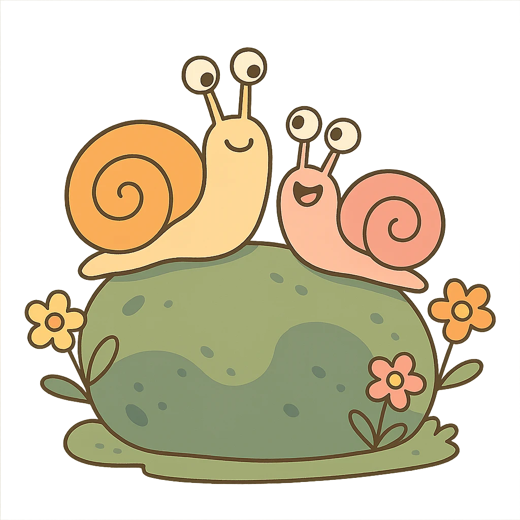 mossy rock with snails and small flowers in earthy pastel colors, pastel toon style emoji