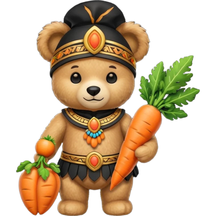teddy bear Upper, wearing black mayan ancient custome, with carrot half body emoji