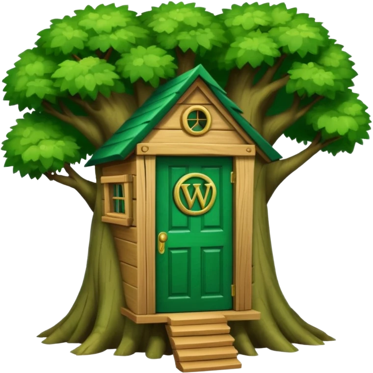 letter W on the side wall of a treehouse with an emerald green door, in a tree emoji