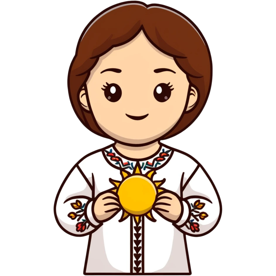 Young Ukrainian girl with brown hair wearing a white traditional embroidered shirt holding the sun in her hand emoji
