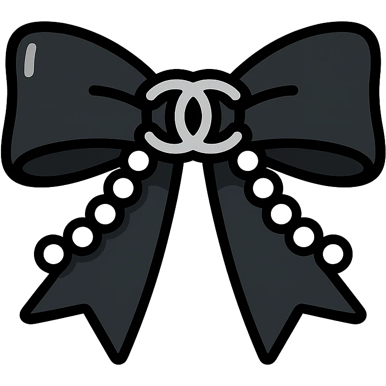elegant bow with pearls and silver Chanel logo, glossy, black and white emoji