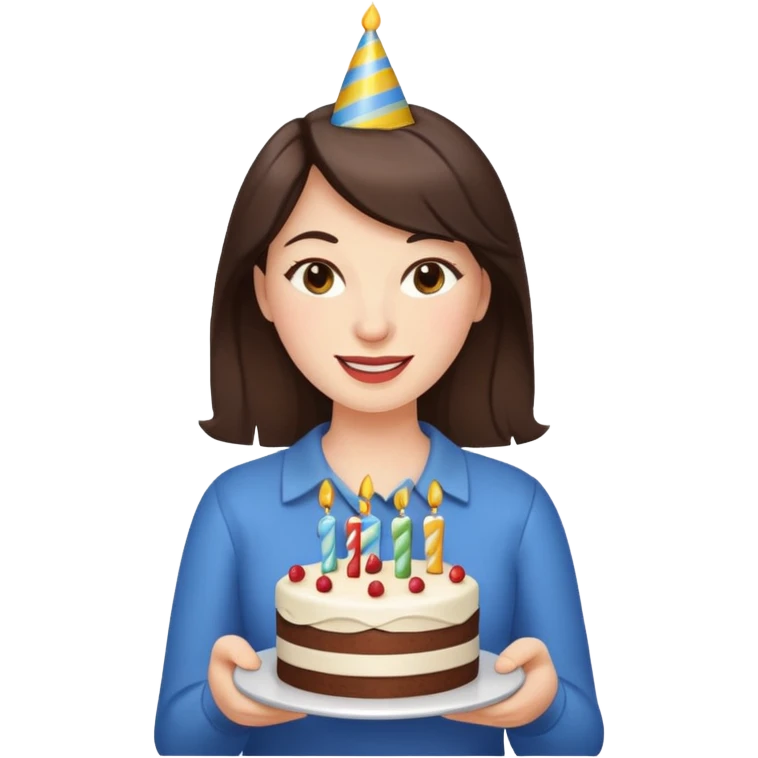 Brunette winking and holding birthday cake emoji