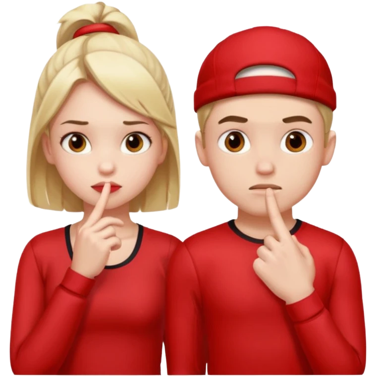 Girl and boy in red gym clothes and thoughtful faces and They have one hand on lip emoji