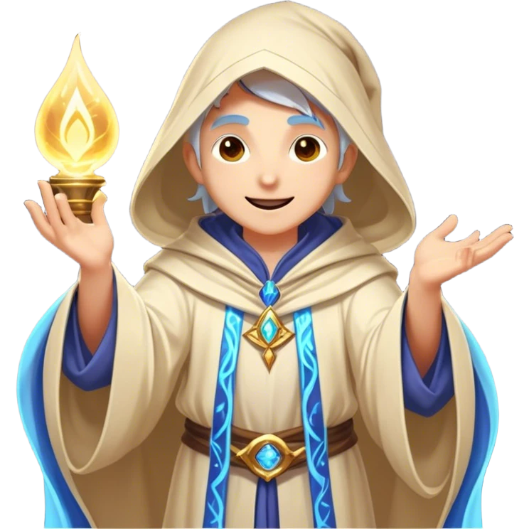 Clash of Clans aesthetic Cheerful Mage Portrait Emoji, With a bright, joyful expression and an aura of radiant magic, showcasing a stylish, robed figure with flowing garments and sparkling eyes in natural skin tone that convey boundless curiosity, Simplified yet expressive features, highly detailed, glowing with a soft, luminous mystical light, high shine, upbeat and wise, stylized with an air of fantastical wizardry, soft glowing outline, capturing the essence of a cheerful mage ready to cast spells of wonder on legendary quests! emoji
