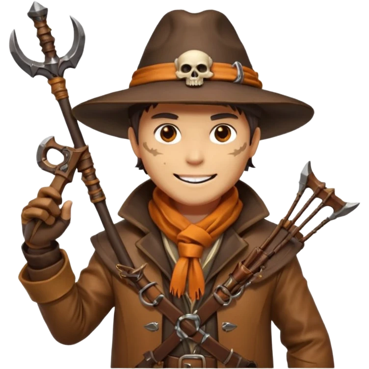 male human monster hunter emoji, wearing brown leather coat and wide hat, holding crossbow, with amulet shaped like skull, Halloween fantasy theme, confident smile, orange scarf, Apple emoji style, clean white background, square image emoji