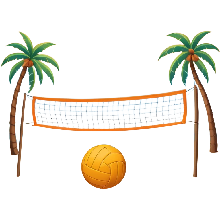 A volleyball resting on the orange sand of a beach, with a volleyball net in the background. The scene captures a sunny beach atmosphere with clear blue sea and sky, palm trees swaying, and people in swimsuits enjoying the vibrant surroundings emoji