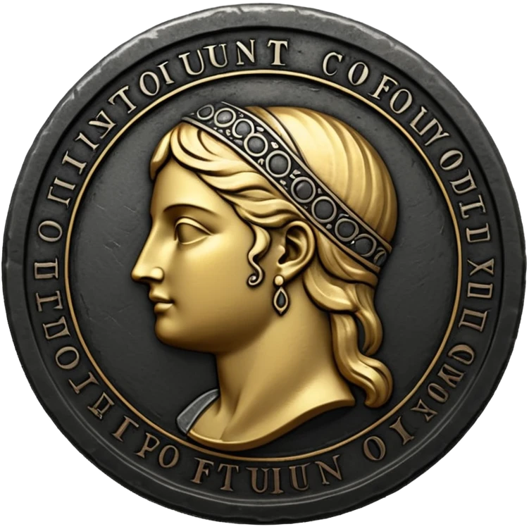 Emoji style, ancient coin made of blackened metal, “FORTUNA” engraved in refined fashion typography, heavy form, subtle worn metal texture, avant-garde editorial aesthetic, no glow, no neon, flat emoji design, centered, transparent background emoji