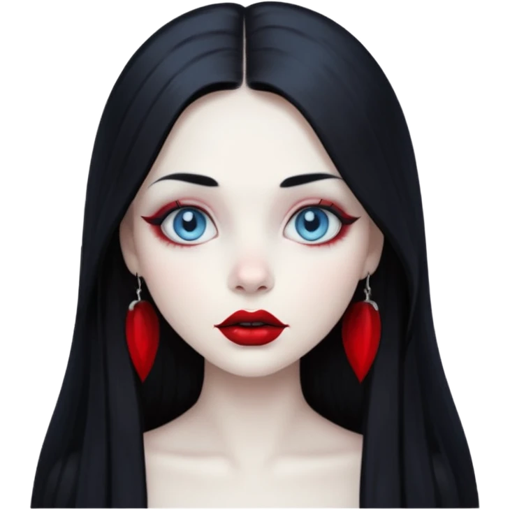 Gothic girl, pale ghost skin, light blue eyes, red round lips and long straight black hair. emoji
