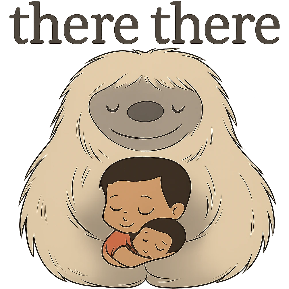 Further reduce the image file size while keeping the background transparent and preserving the 'there there' text through the head of the Abominable Snowman hugging the much smaller kid. Prioritize file size reduction. emoji