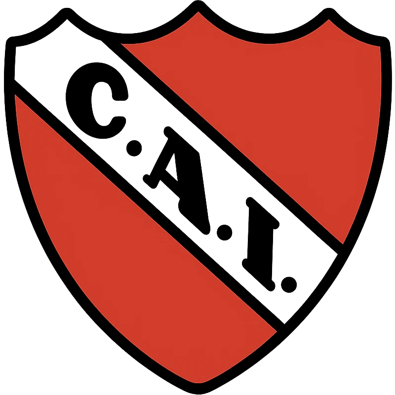 classic South American soccer shield with three-pointed top and rounded base, white outline, intense red background, white diagonal band crossing from top left to bottom right, black bold spaced capitals 'C.A.I.' with black dots between letters, centered in band emoji